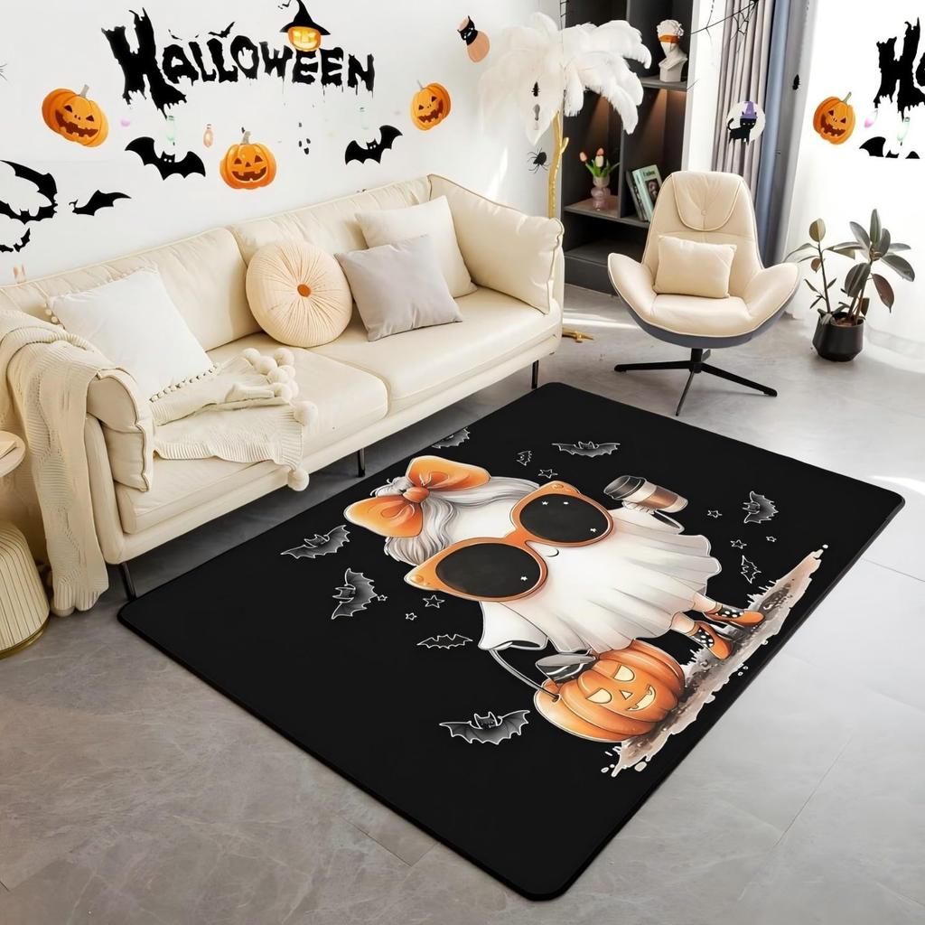 Halloween Bats Area Rug 3x5, Boho Vintage Floral Rugs for Living Room Gothic Damask Washable Rug, Antique Decor Goth Silhouette Dark Shadows