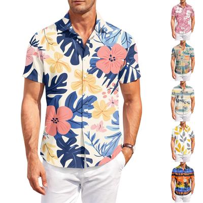 Camicia da uomo a maniche corte con colletto e stampa hawaiana per abbigliamento casual da esterno