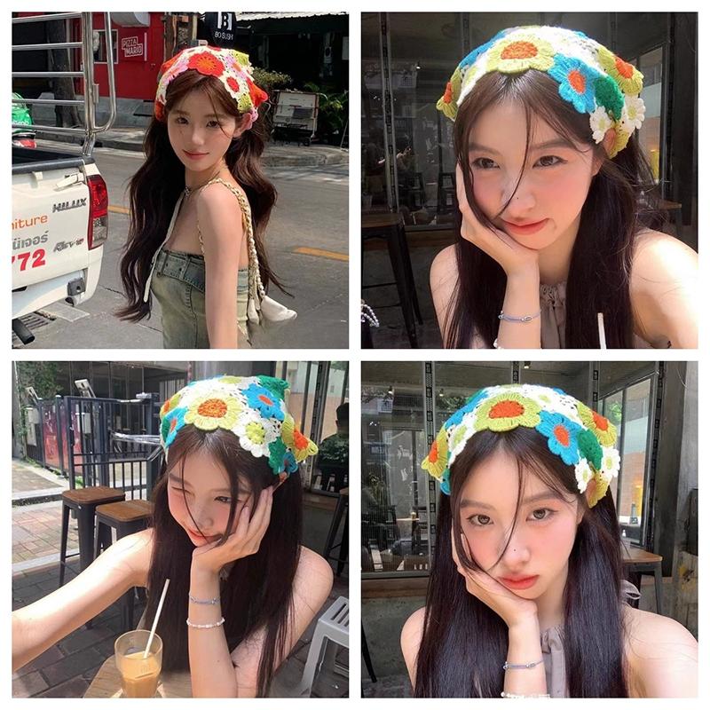 French Pastoral Style Triangle Headband Handmade Crochet Flower Headscarf Hat Knitted Girls Headband Towel