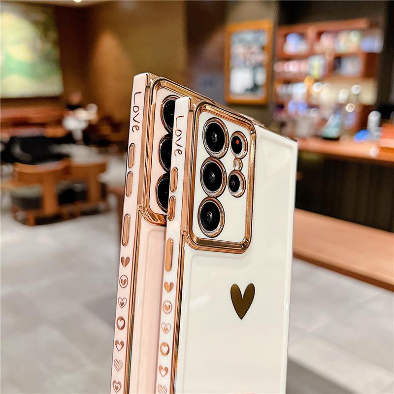 Quadratische Spiegelbeschichtung Liebesherz-Telefonhülle für Samsung Galaxy A53 5G S22 Ultra A 53 S 22 Goldrahmen Silikon-TPU-Abdeckungsschale