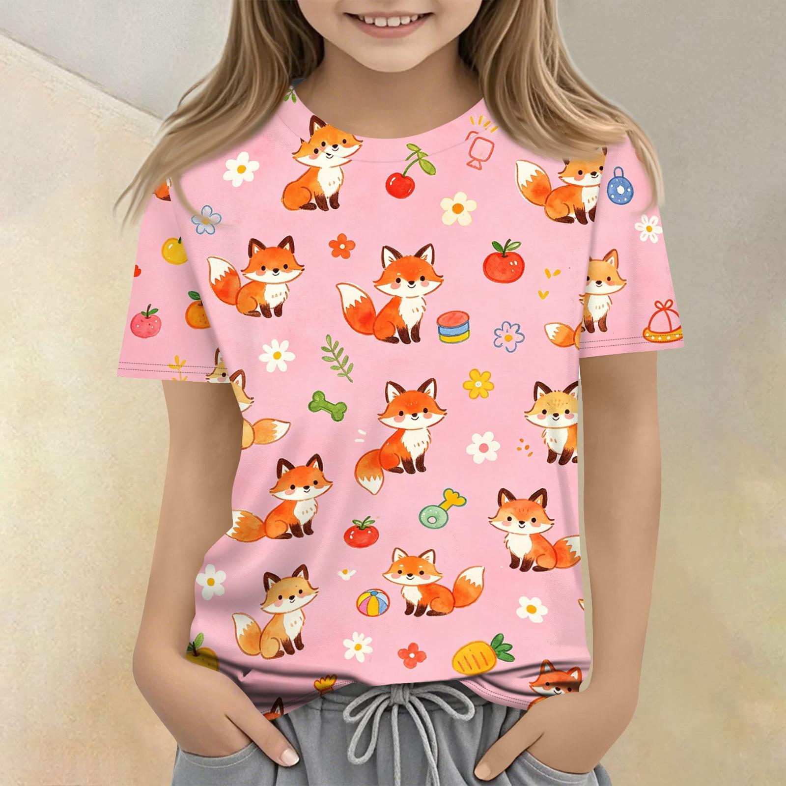 

Kids Animal Print Crew Neck Short Sleeve Casual Loose Fit T Shirt Soft Comfortable Fabric Suitable for Everyday Wear 110 розовый