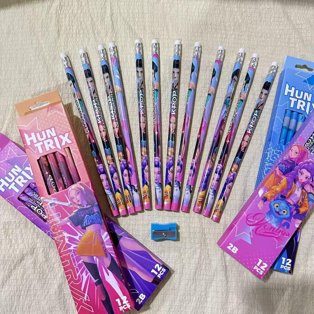 new Kpop Demon Hunters Cartoon HB Pencils 12PCS with Pencil Roll Holder Student Stationery Set for Writing Painting  School Use