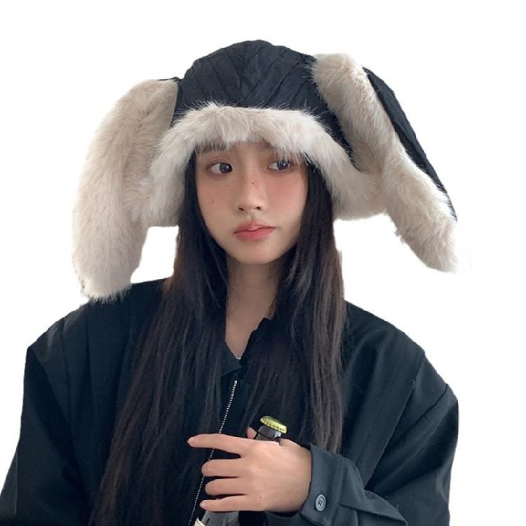 

Plush Lining Brimless Rabbit Ears Hat for Outdoor Activity Windproof Winter Breathable Hat All Matching Hat for Female чорний