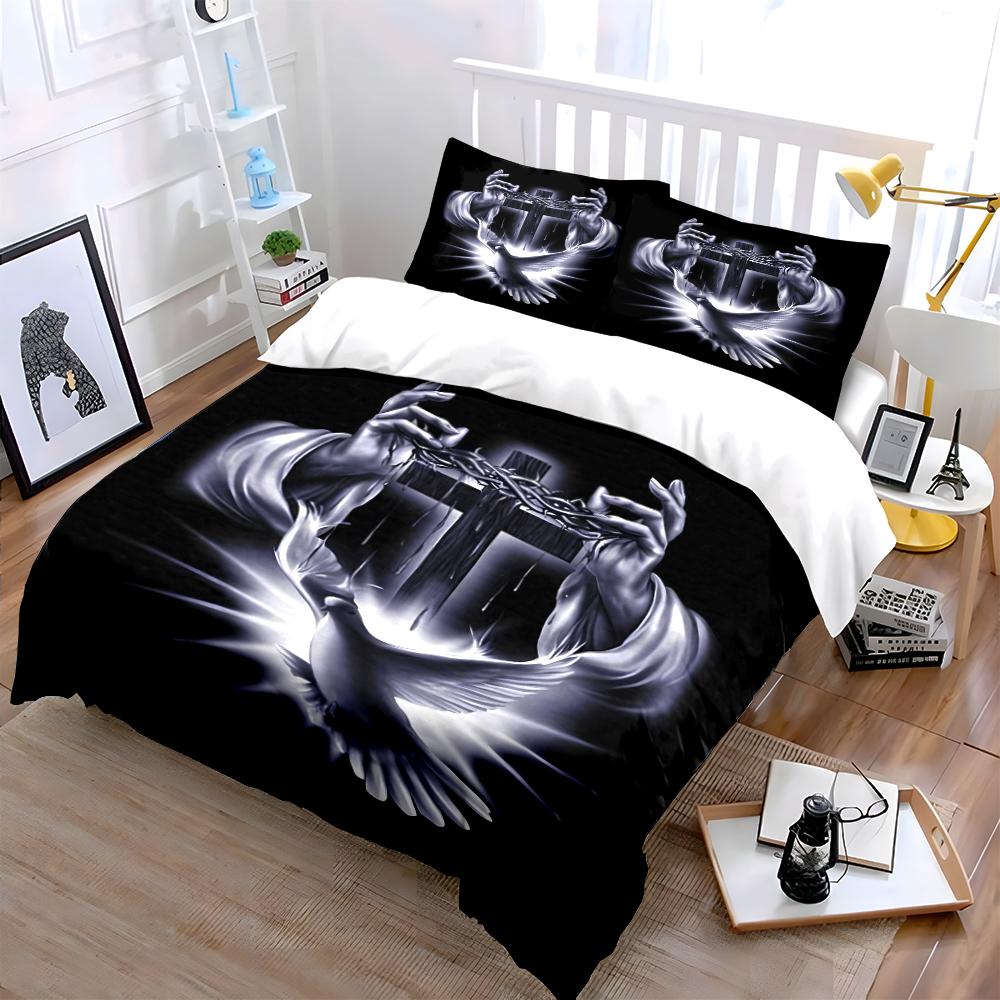 Religious Cross Dove Print Bedding Set Bedding Set (1 Duvet Cover, 2 Pillowcases, Duvet Not Included)