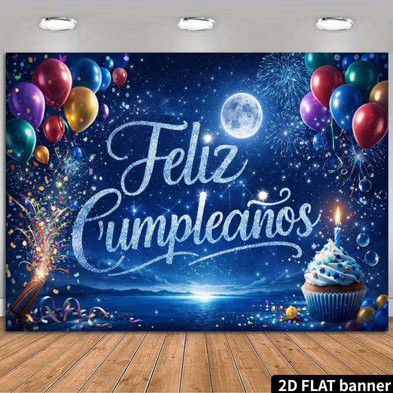 

Испанский гобелен для вечеринки по случаю дня рождения, Feliz Cumpleaños с лунным океаном и кексом для празднования Фиесты 47.2x31.5inch/120*80cm