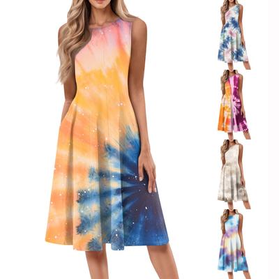 Women's Casual Fashion Tie-Dye Printed Round Neck Sleeveless Solid Color Midi Dress