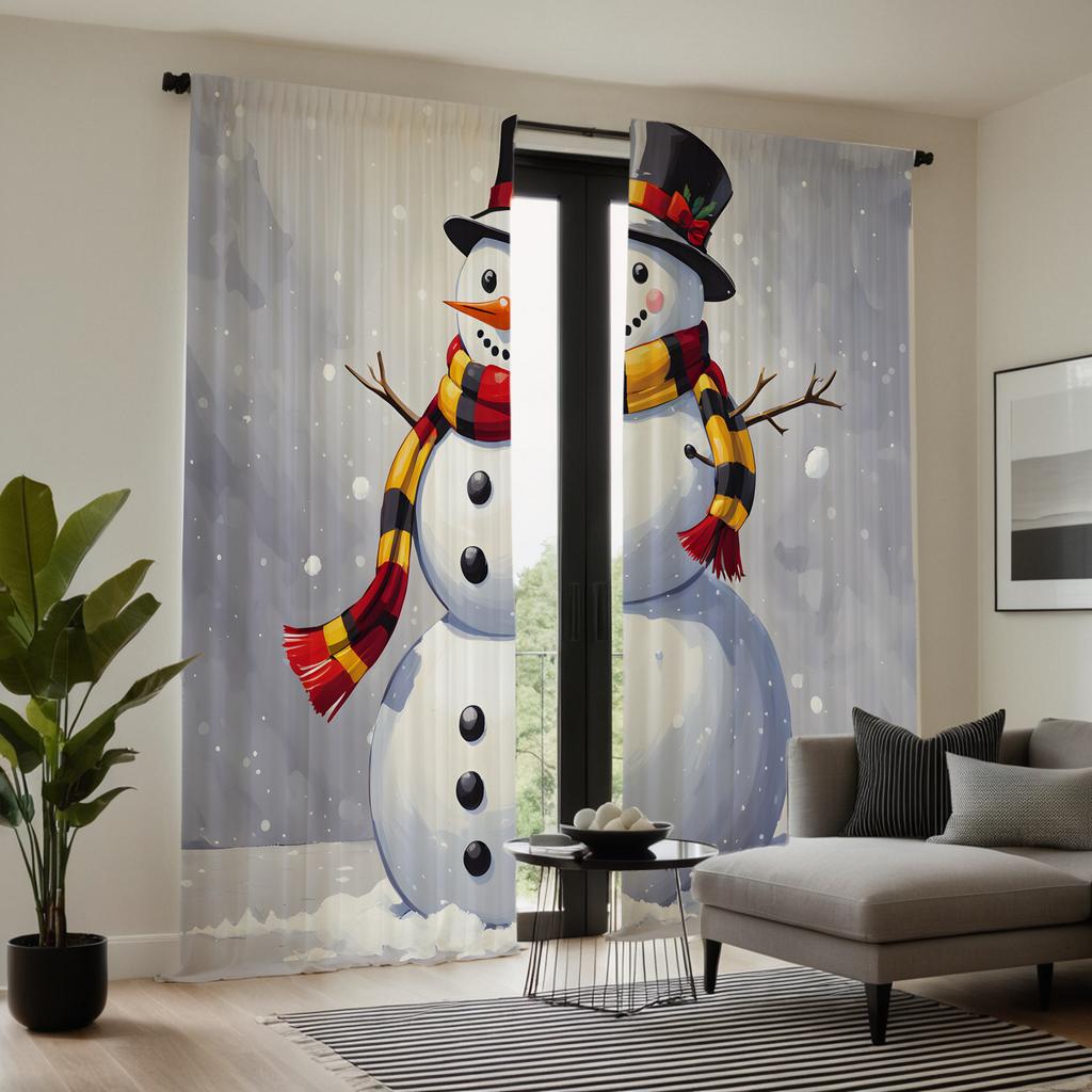 2pcs HD Christmas White Snowman Curtain White Tie Digital Printed Curtain Home Decoration Style Decorate Living Room Bedroom