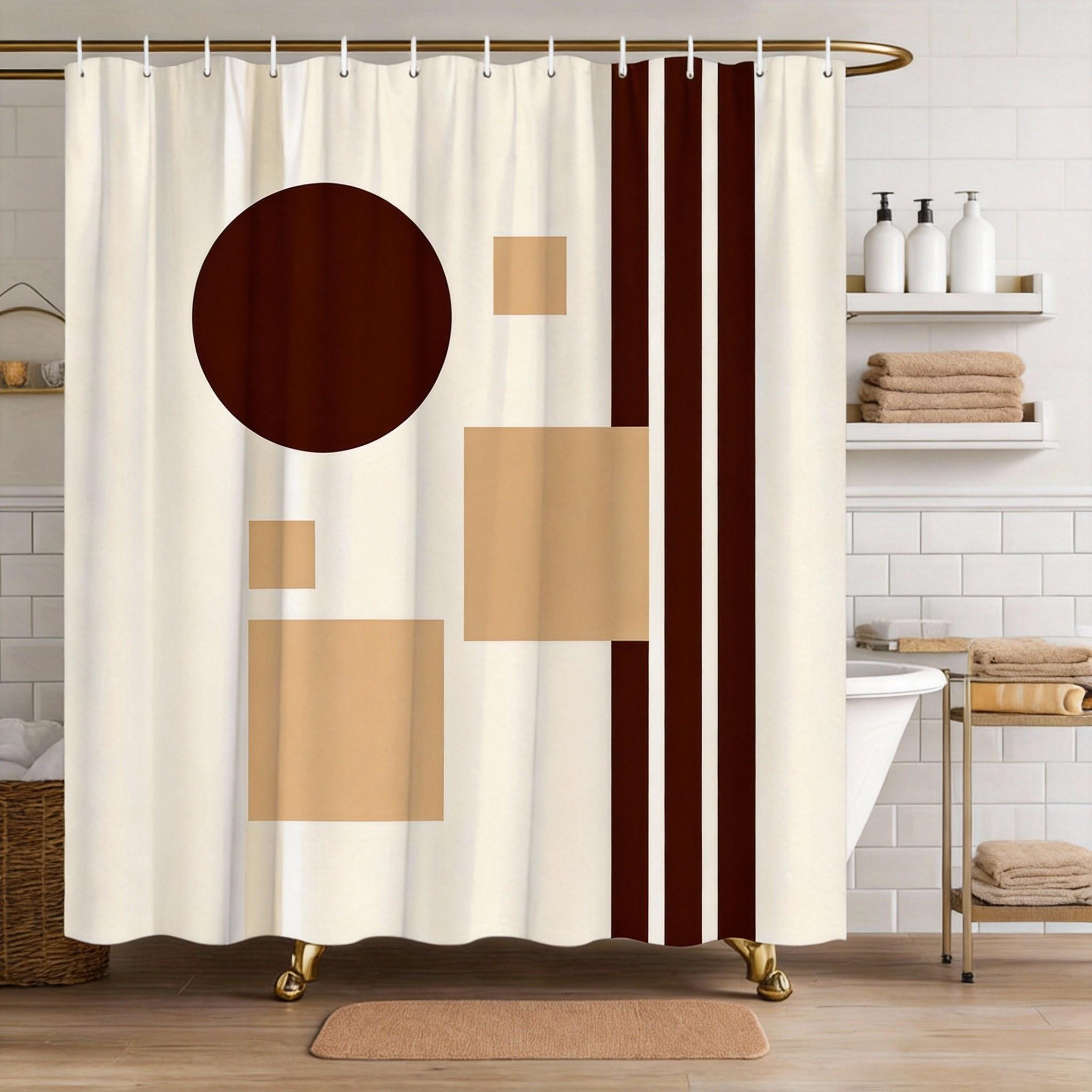 

Geometric Shower Curtain Abstract Circles And Stripes Design Polyester Bath Curtain With Hooks For Modern Dec W60H190(CM)-1 Pcs