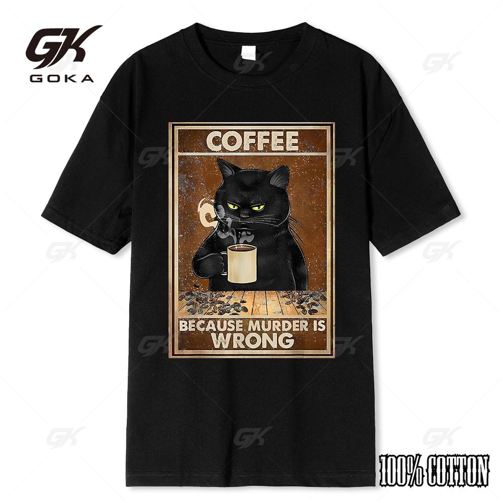 

Coffee Because Murder Is Wrong Black Cat Drinks Cotton Funny T-Shirt Oversized Hip Hop Tops Vintage Tee Short Sleeves for Men 4XL