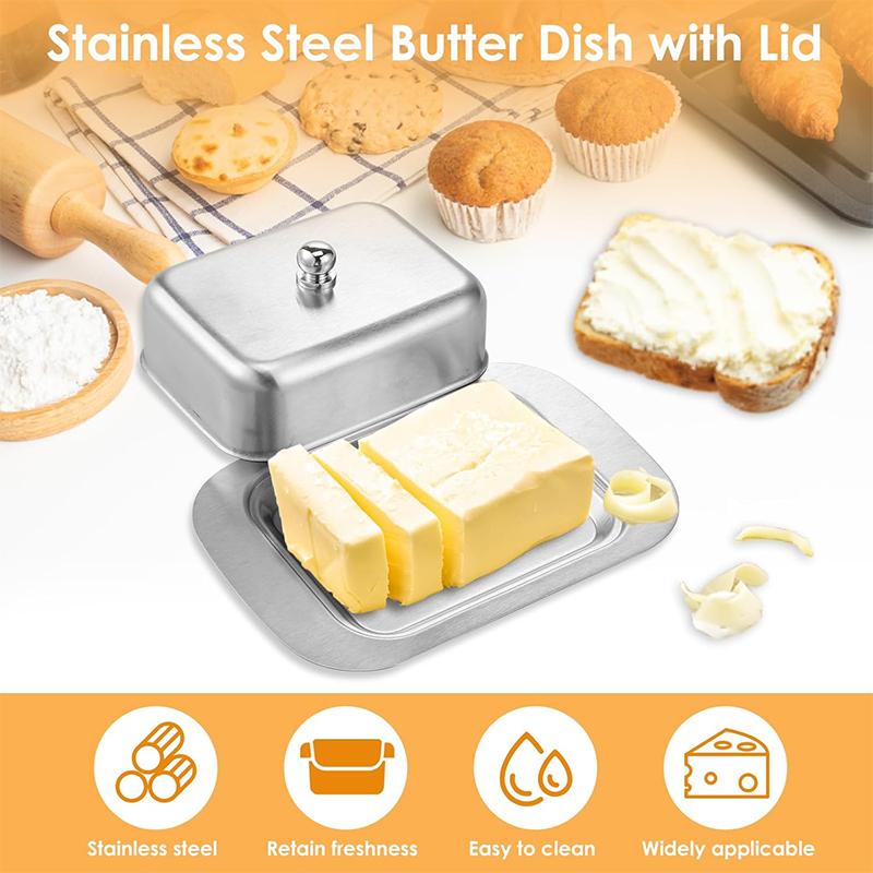 Butter Dish with Lid Stainless Steel Butter Cheese Storage Box Kitchen Butter Tray with Knob Handle Butter Keeper Container