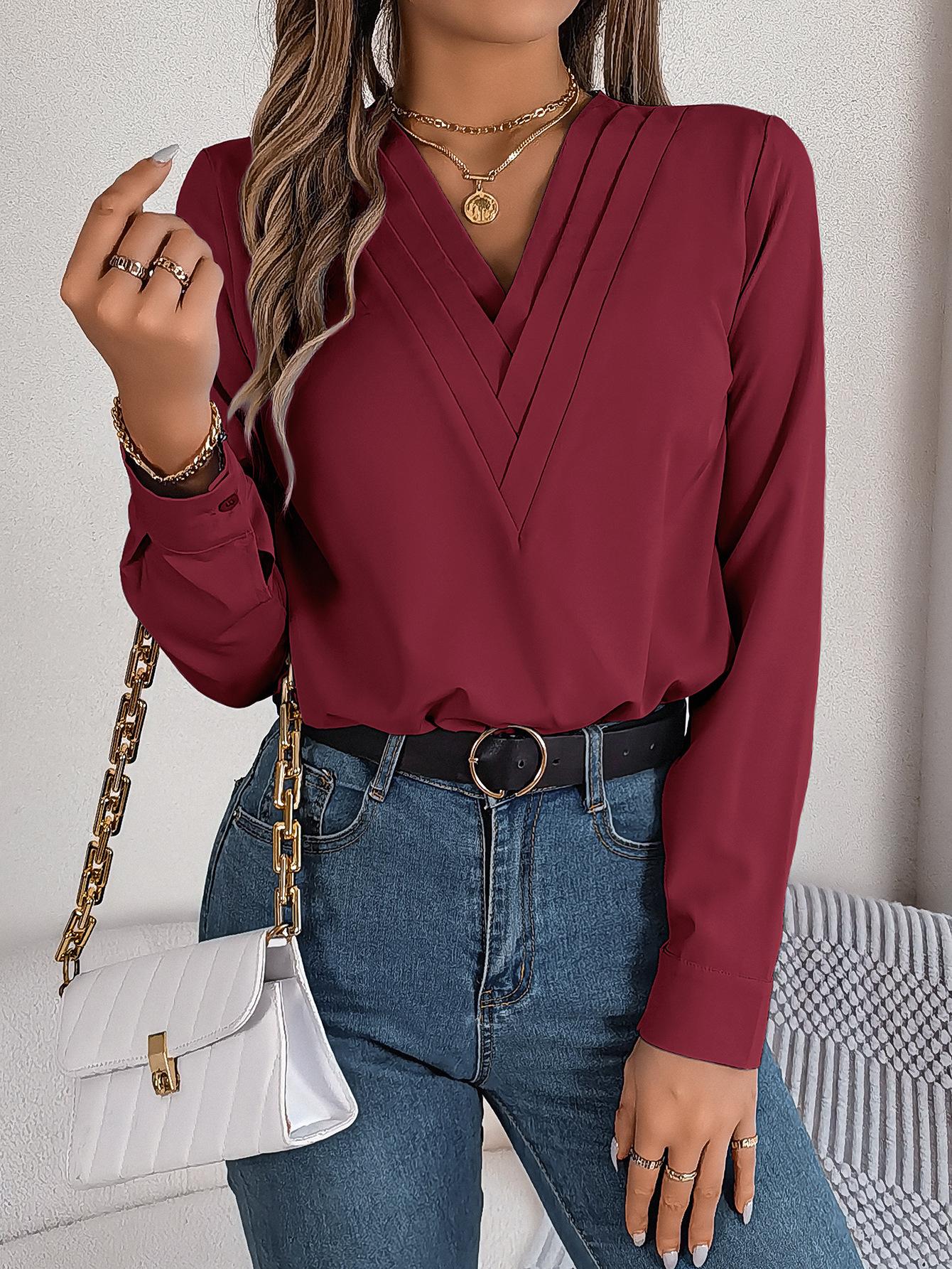 

Women s Long Sleeve V-Neck Blouse Elegant Basic Top Loose Fit T-Shirt Casual Shirt for Women XL бордовий