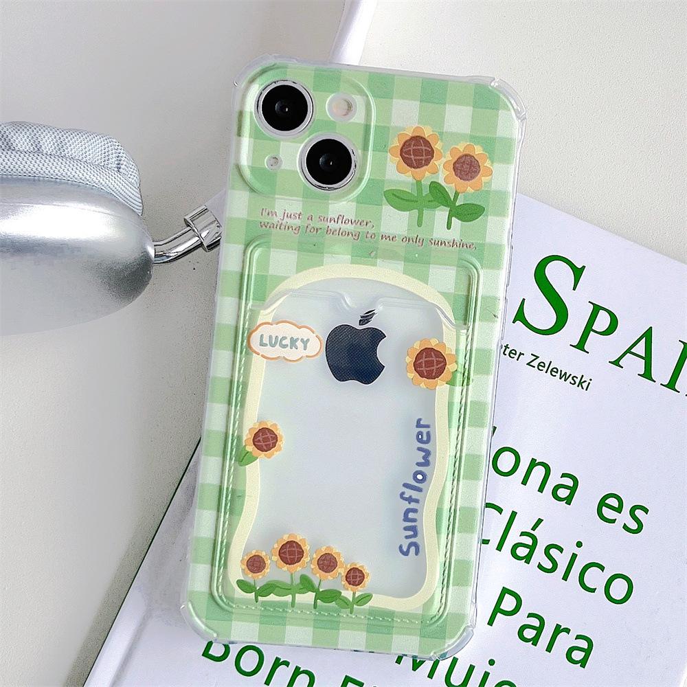 Sunflower Green Grid iPhone Case with Card Slot, Compatible with 14, 15, 16 Pro Max, 12 Pro, 11, 13 Models