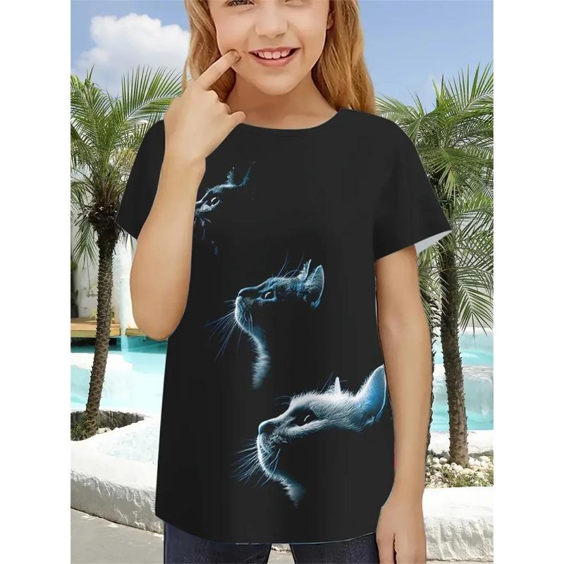 Fun Girl T-shirt Summer Short Sleeved Top Cartoon Animal Cat 3D Printing 2025 Girl Clothing
