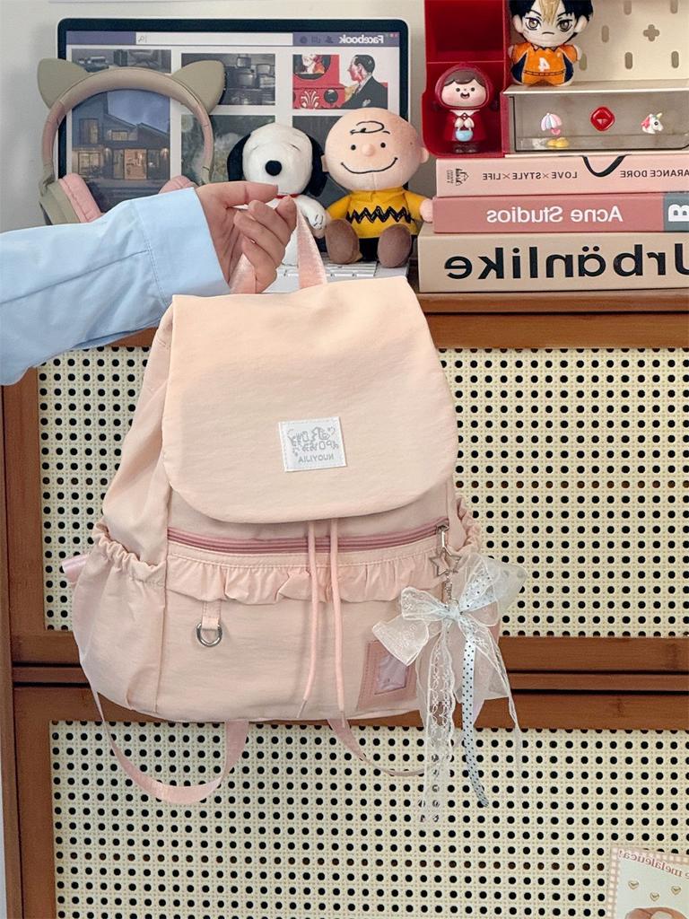 Schoolbag Korean ins milk mist blue yarn with lace bow drawstring backpack sweet little fairy traveling shopping small backpack