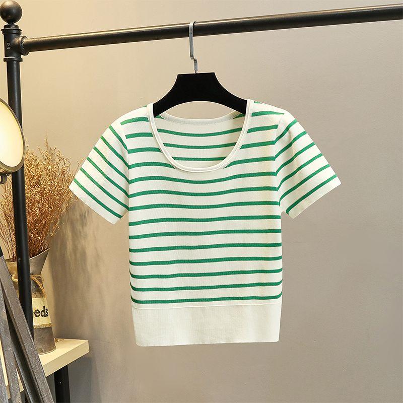 

round Neck Pullover Thin Ice Silk T-shirt Striped Sweater Green and white stripes(EH-8403) L