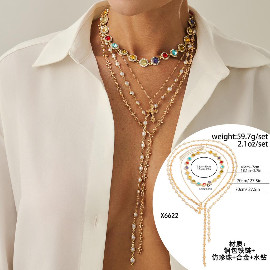Hip-Hop Diamond-Encrusted Cross Pendant Necklace, Fashionable Imitation Pearl Flower Chain Stacked Necklace