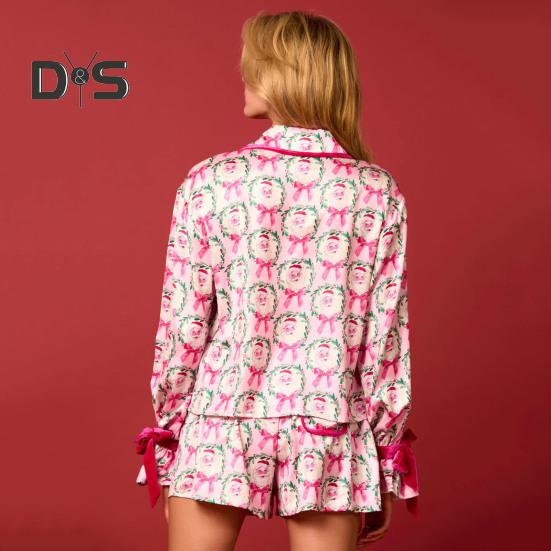 2 Pcs/Set Christms Pajamas Turn-down Collar Single-brasted Colorful Printing Bow Decor Cardigan Top Elastic Waist Shorts Sleepwear Santa Loungewear