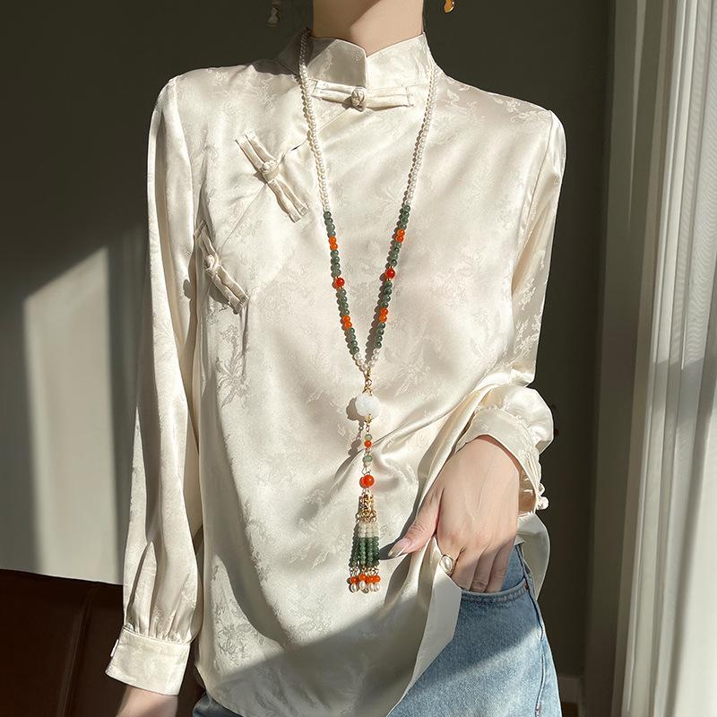 2024 Spring/Summer Women's Chinese Style Satin Jacquard Stand Collar Shirt