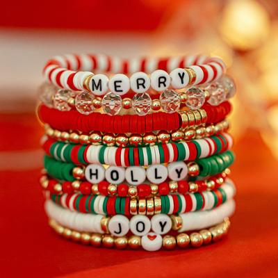 Ensemble de bracelets en argile souple perles de Noël, cadeau de vacances bracelet lettre bonhomme de neige bijoux polyvalents
