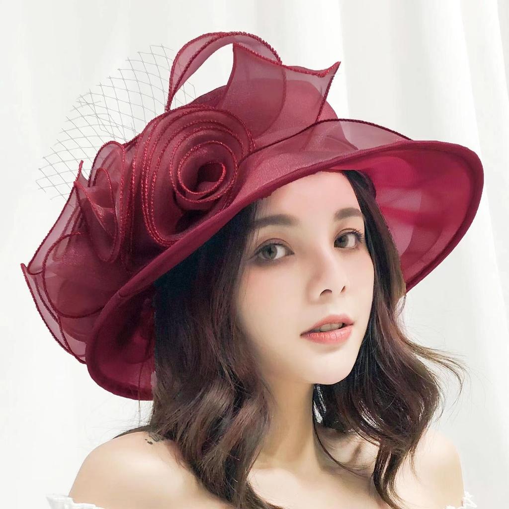 Women's Vintage Organza Sun Hat with Mesh Flower Details