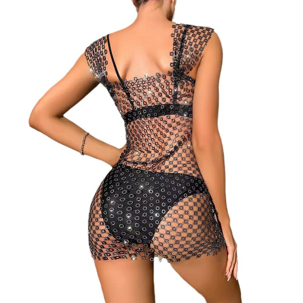 Fashion 2025 Plum blossom fishing net bright diamond sexy dress 2