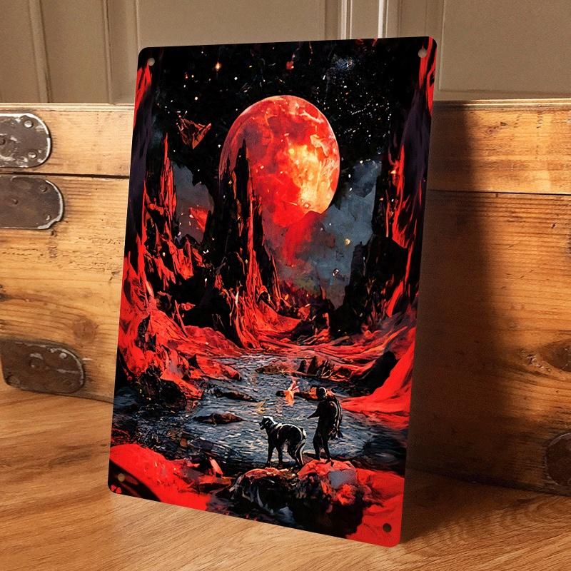 1 piece: Blood-Red Planet Fantasy Landscape Tin Painting, Alien Mountains, Red Moon, Night Sky, Starry Sky Decorative Painting, (as the picture,20x30cm)