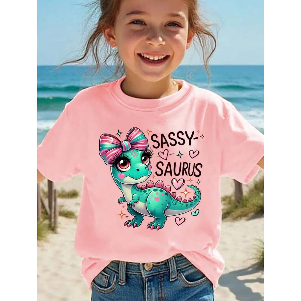 Girls' Kawaii Cartoon Dinosaur Graphic T-Shirt Cute Pink Bow Hearts Print T-Shirt Kids Short Sleeve Tee Y2k Children's Clothing