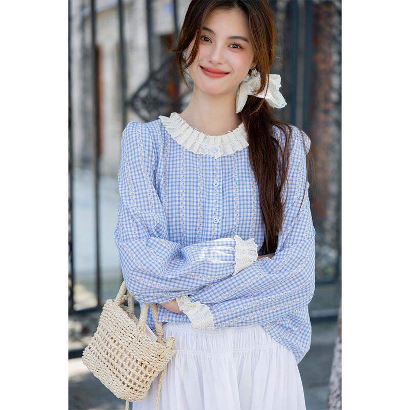 ITISF4 Women's French Lace-Trim Gingham Blouse