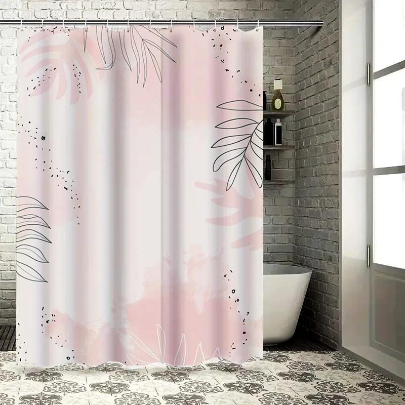 

Pink Palm Tree Shower Curtain With Black Botanical Print, Pink Watercolor Design For Bathroom Decor Size72 X 84 Inches (180Cm X W60H190(CM)-1 Pcs