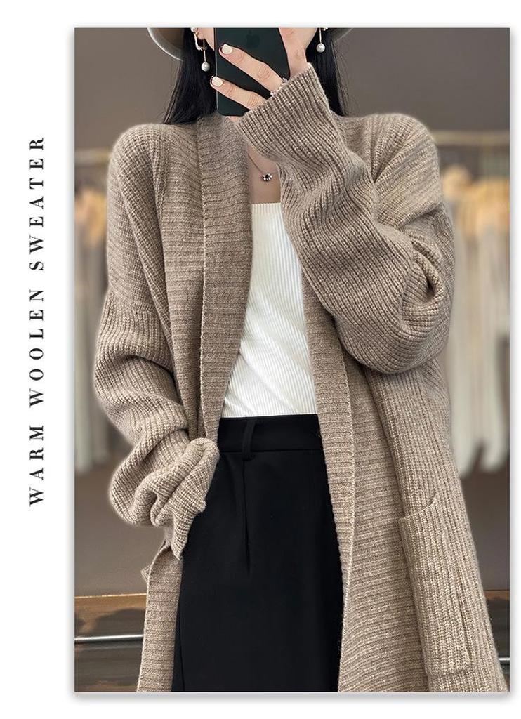 2025 Autumn/Winter Women's Solid Color Mid-Length Cardigan Sweater - Loose Knitwear, Fashionable Lazy Style