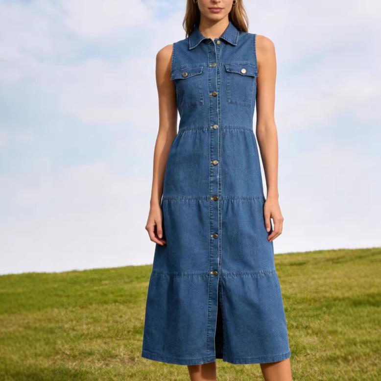 

Women s European & American Sleeveless Denim Dress - Spring/Summer Fashion, Slimming, Single-Breasted Large синий