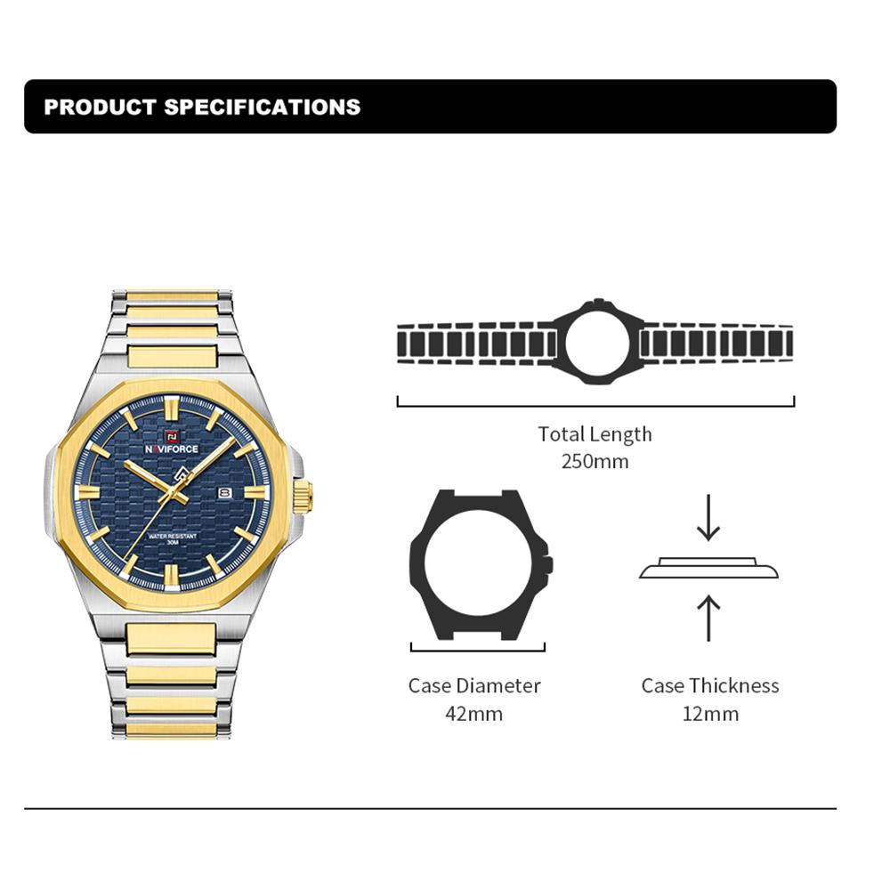 NAVIFORCE Simple Watch for Men Stainless Steel Strap Calendar Movement Luminous Pointer Waterproof 3ATM Casual Fashion Men's Watch NF9245