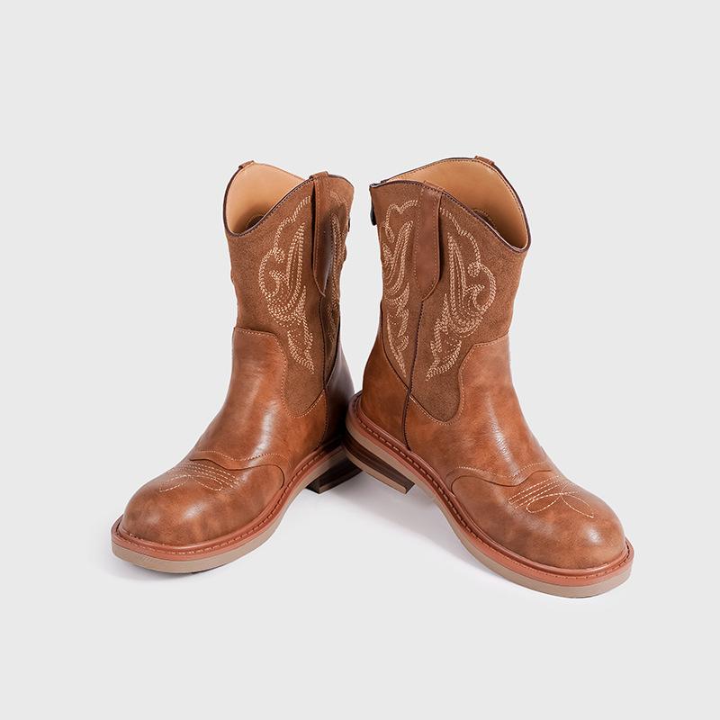 

Leather British style retro European and American embroidered western boots short V-mouth round head knight boots flat heel autumn and winter Martin 40 верблюд