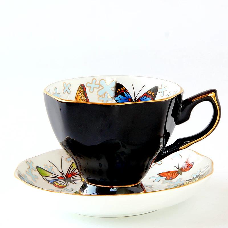 Vintage Butterfly Bone China Coffee Cup Saucer Set, Colorful Ceramic Tea Cup with Gold Rim, Elegant Porcelain Latte Mug for Afternoon Tea Home Decor