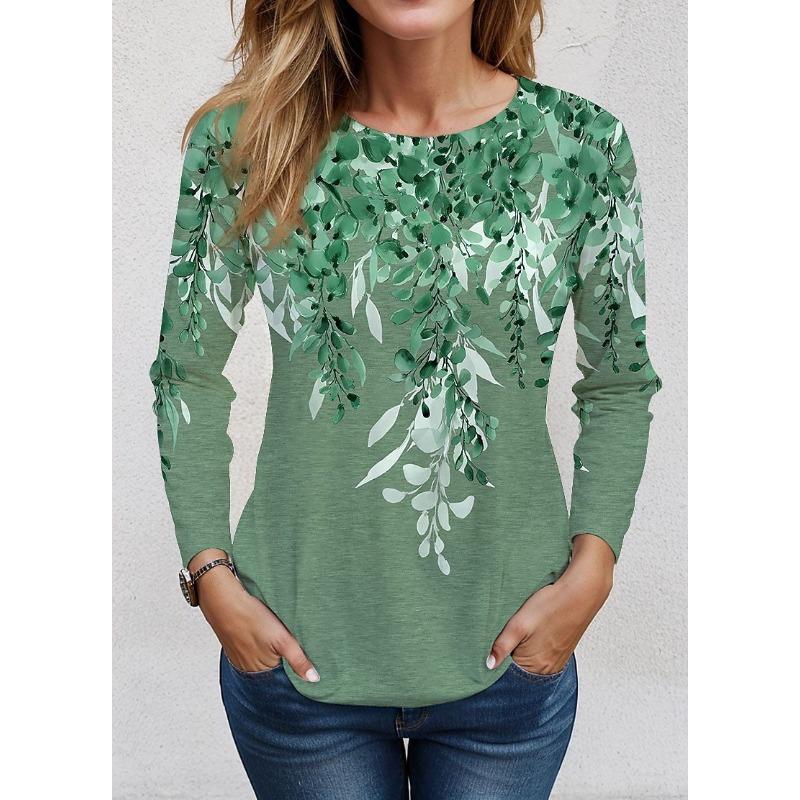 Long Sleeve Floral Pattern Women Casual T-Shirts Spring Autumn 3D Flower Print Retro Style Female Plus Size O-Neck Tops