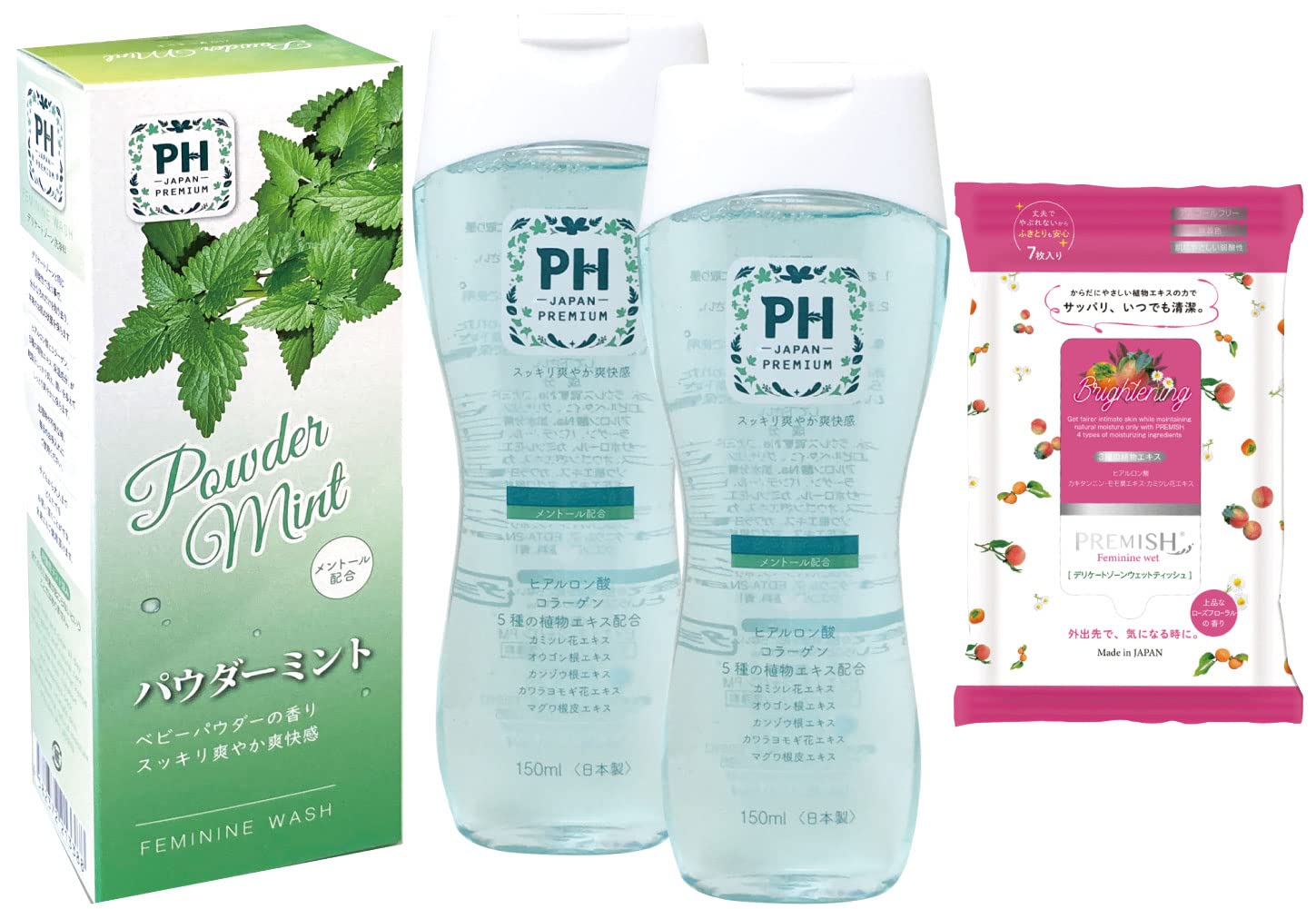 

Набор из двух деликатных мыл для интимной гигиены и одной влажной салфетки PREMISH PH JAPAN Premium Feminine Сделано в 4 ароматах на выбор PH Care (7 листов). Мыть, Япония, от.