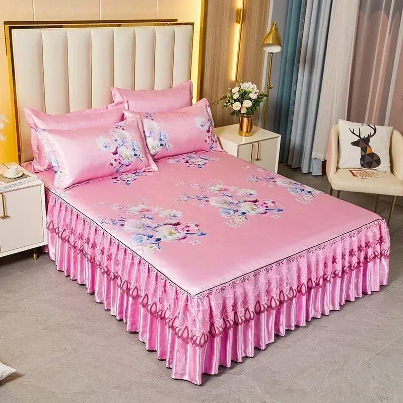 Korean Version Lace Solid Color Bed Skirt Three Piece Set, Skin Friendly Double-layer Bed Cover Non Slip Bed Cover Falda De Cama