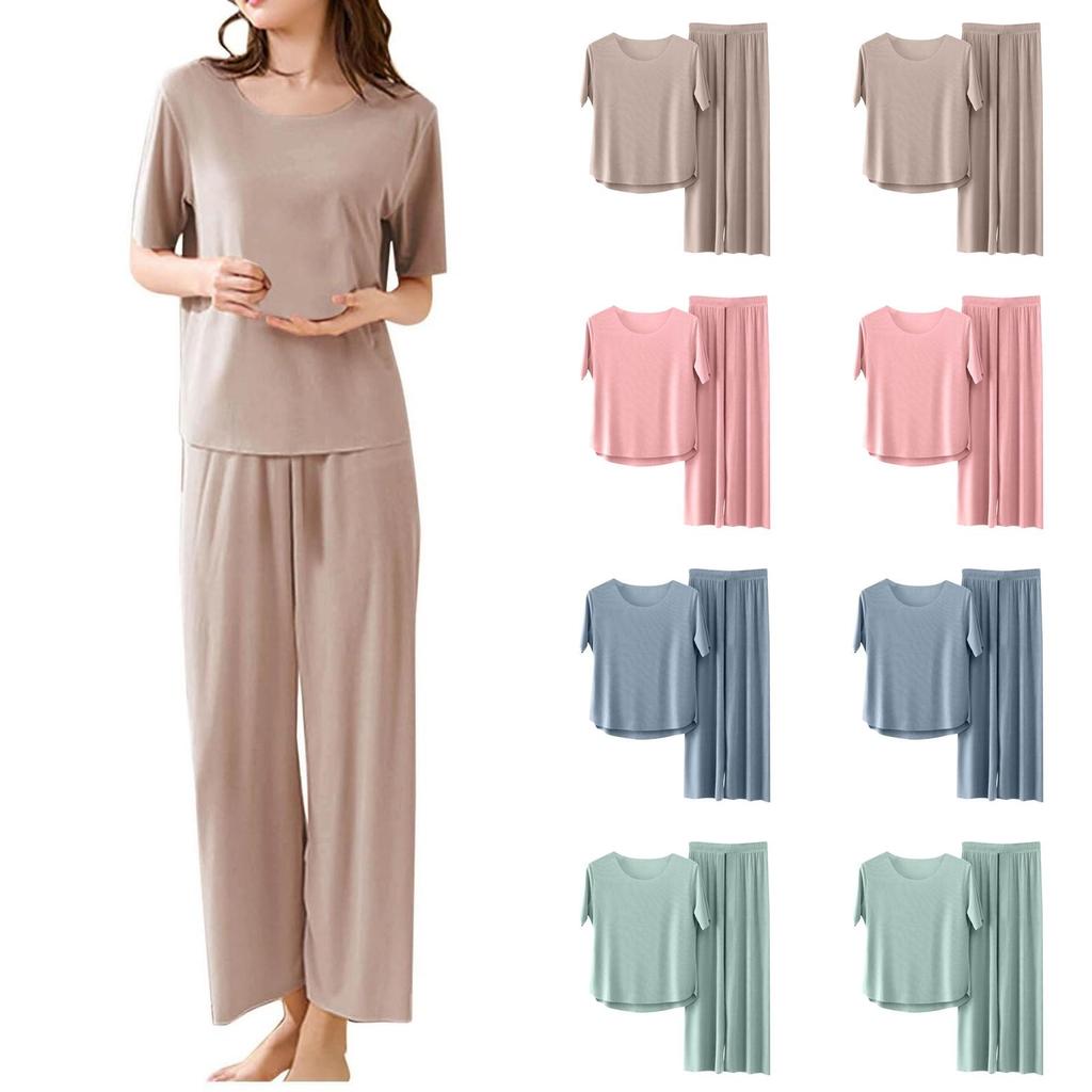2Pcs/Set Top Pants Set Women Pajamas Seamless Ice Silk Round Neck Short Sleeve Solid Color Elastic Waist Wide Leg Loose Soft Breathable Homewear