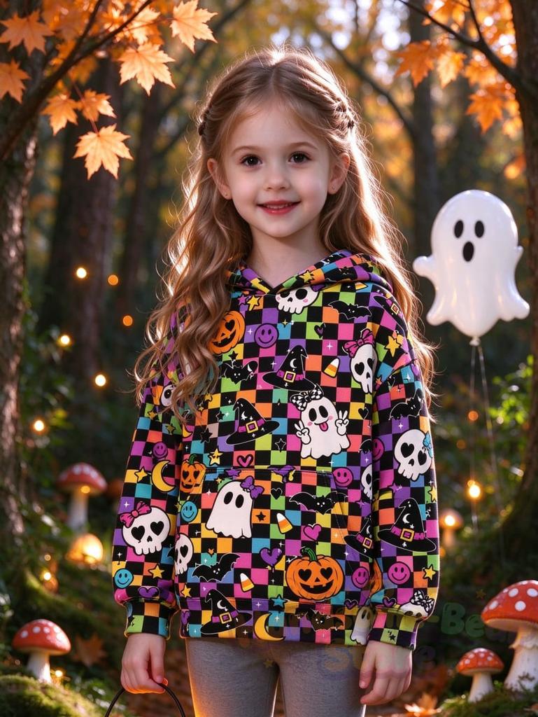 Girl Clothes Halloween Hoodies Purple Ghost Pumpkin Bat 3D Full Print Long Sleeve Pullover Autumn Casual Sweatshirt for Children