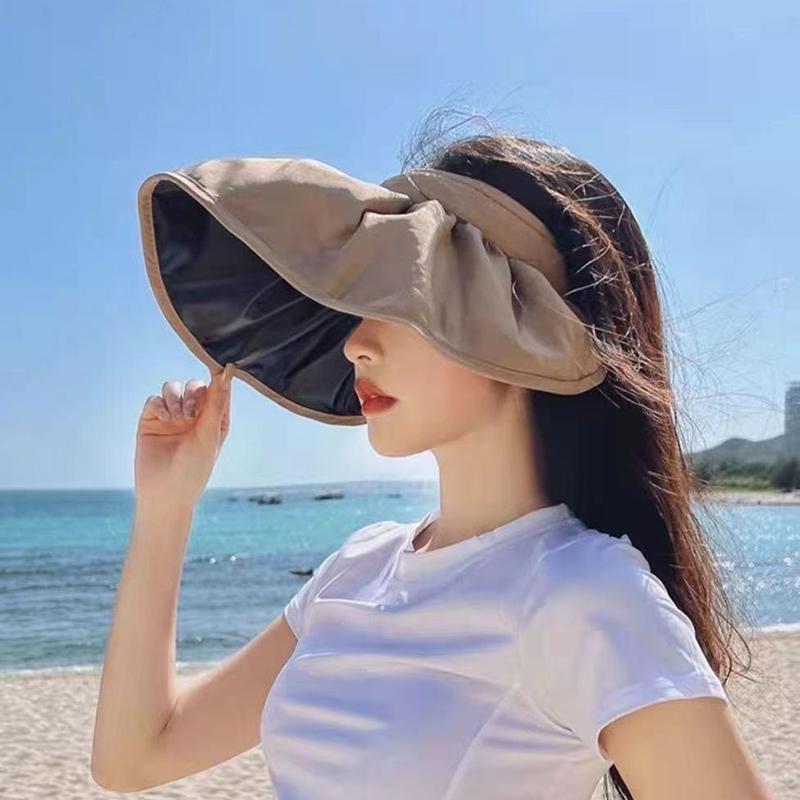 WTEMPO Summer UV Resistant Sunshade Hats Empty Topped Shell Sun Hats Face Covering Hair Hoops Sunscreen Caps Simple Solid Color Foldable Sun Hat