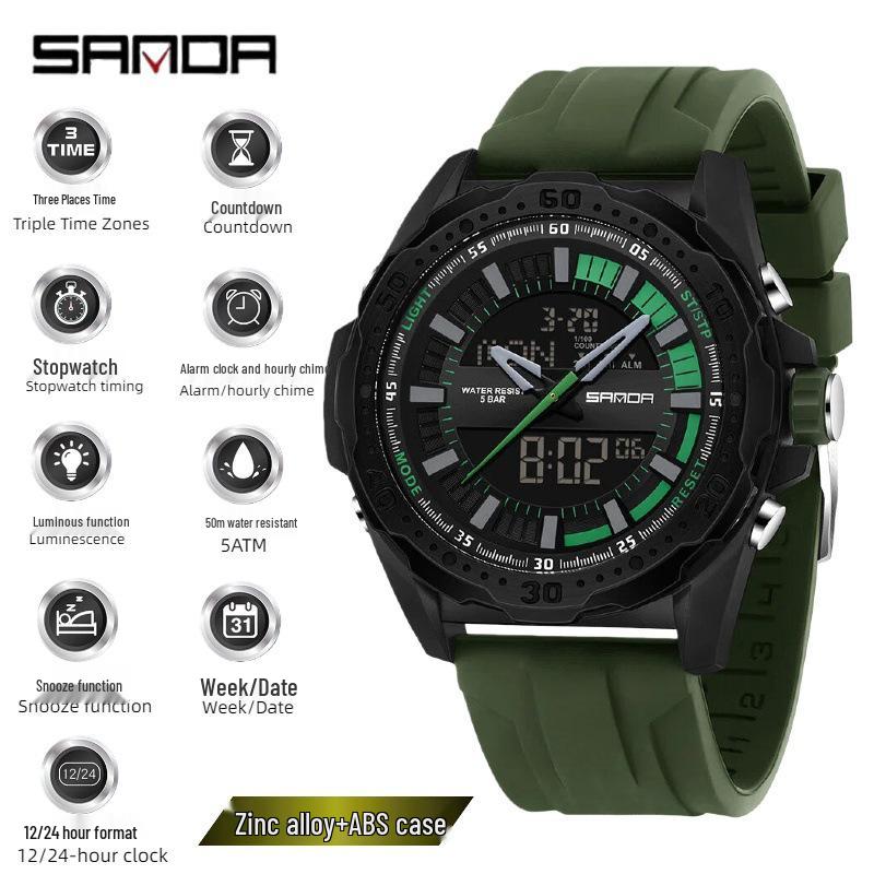 SANDA Multifunctional Outdoor Waterproof Watch with Three-Time Zone and Calendar Features for Students