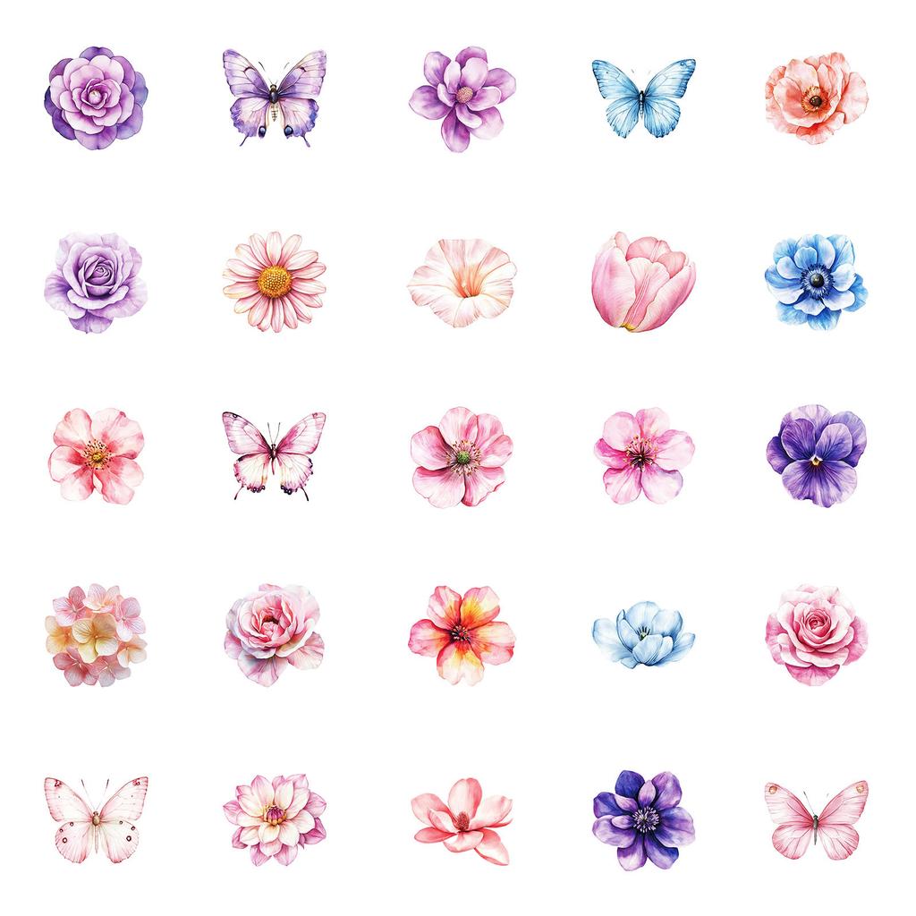 50PCS Aesthetic Watercolor Flower Stickers, Cute Floral Waterproof Graffiti Decorative Journal Stickers