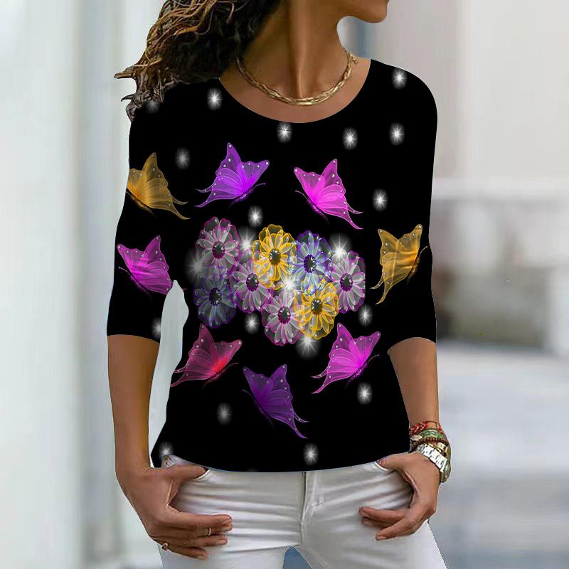 Damen Herbst Tops Loose Dreamy Flower Butterfly Print Kausal Langarm T-Shirt Top Bluse