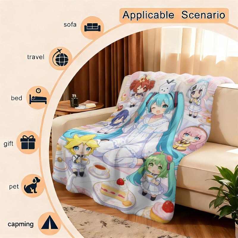 Hatsune Miku Flannel Blanket, Soft Home Throw, Nap Blanket, Sofa Throw, Anime Outdoor Travel Camping Blanket, Fans, Teens Gift