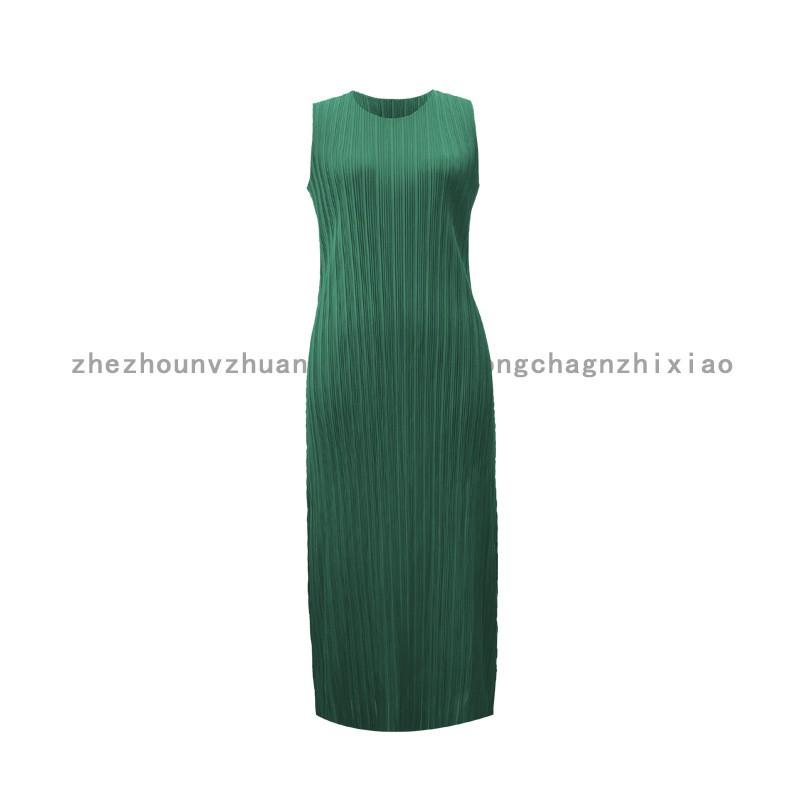 2026 Pleated Sleeveless Bodycon Midi Dress Pure Color Slim Fit Round Neck High Waist Casual Womens Green
