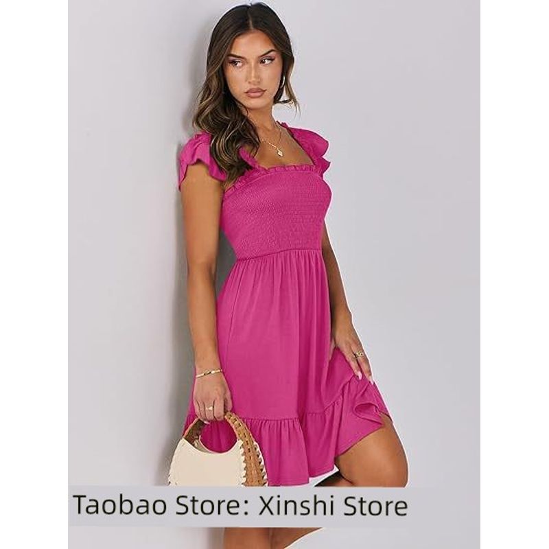 

Sleeveless Square Neck Pleated Backless Short Mini Dress Rose Red S