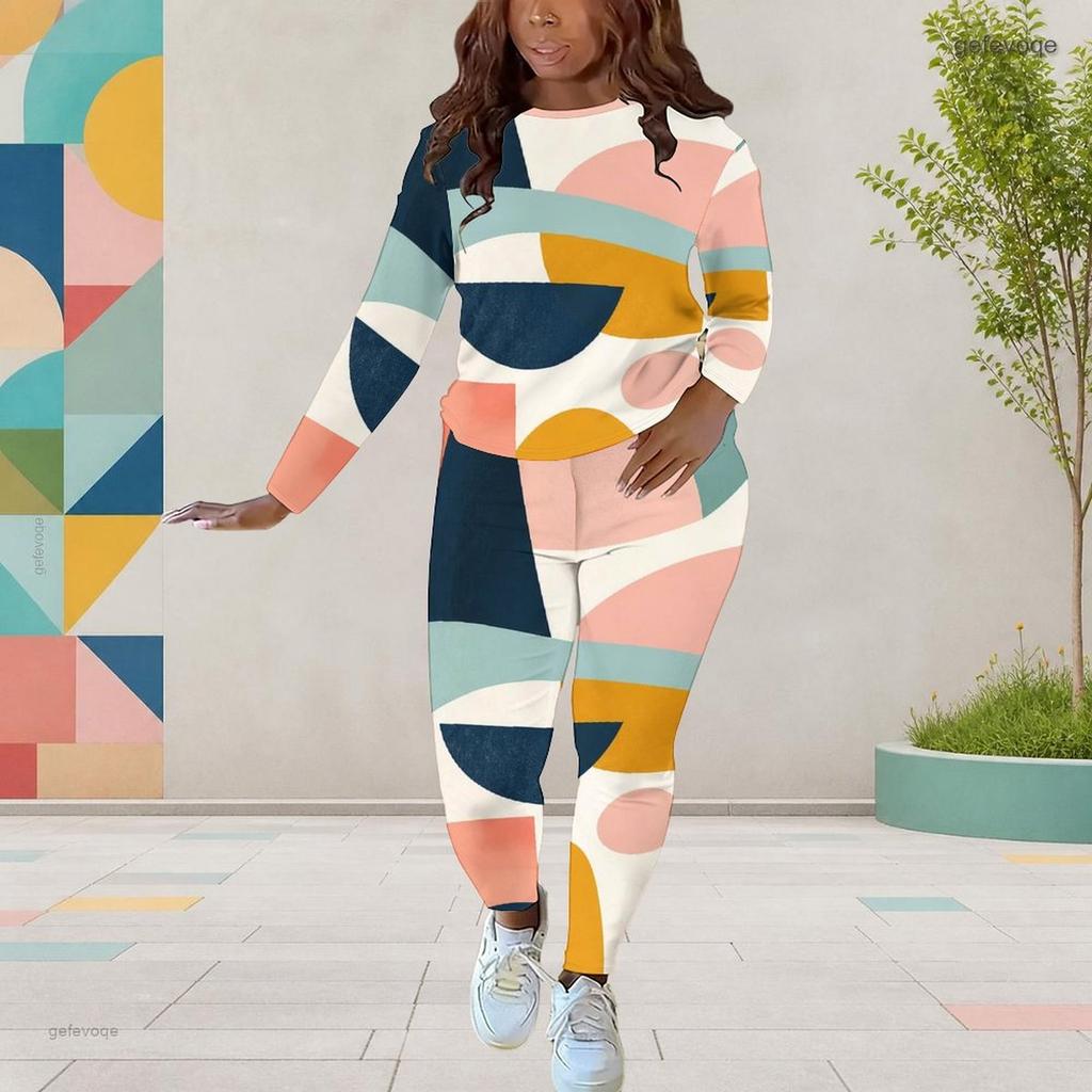 Women Plus Size Round Neck Long Sleeve Printed Two Piece Set Gray Black White Fitted Top And Pants