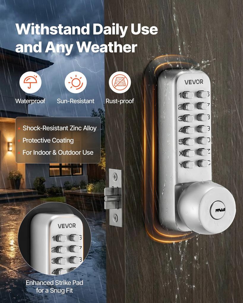 Mechanical Keyless Entry Door Lock, 2.0 Code Upgrade, 4-7 Digits Code, Single-Sided Push Button Combination Mechanical Keypad Door Knob, Auto Locking,