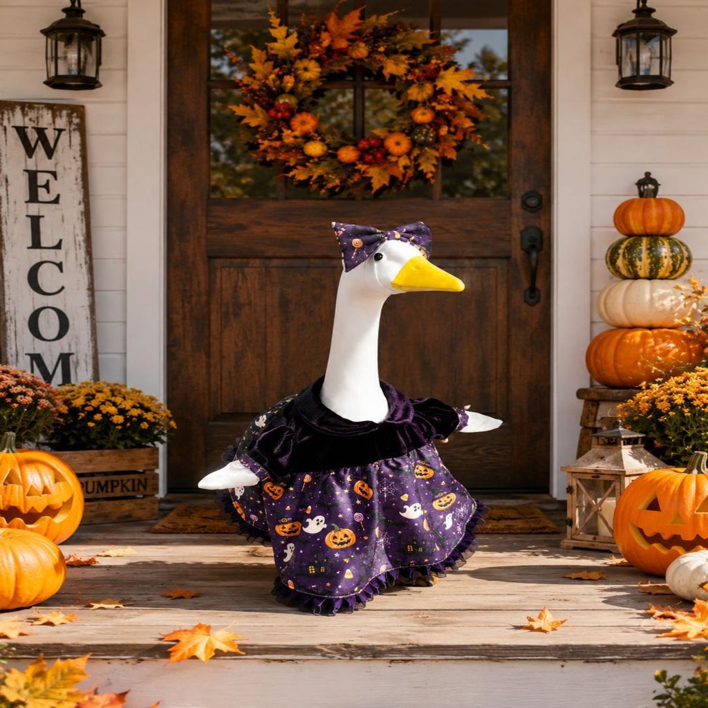 Velvet Halloween Dress and Bow Set for Small Pets Creative Printed Costume Outfit Suitable for Porch Goose and Small Animals
