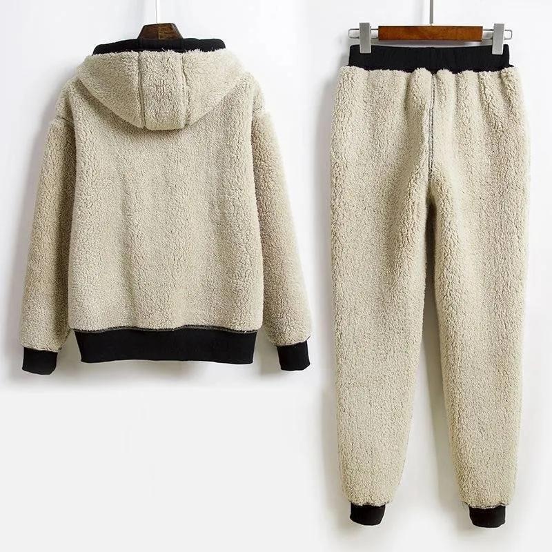 Elderly Women's Spring Autumn Winter Plus Size Warm Plush Sweatshirt Jacket + Thickened Trousers 2 Piece Set